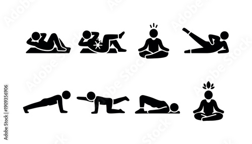 A person practicing pilates, strengthening core muscles with controlled movements. Filled icon set of A person