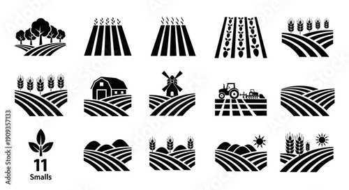 Agricultural landscape with various farm icons and fields depicted in black and white illustrations