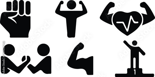 fitness power muscle black icon set vector illustration design collection 