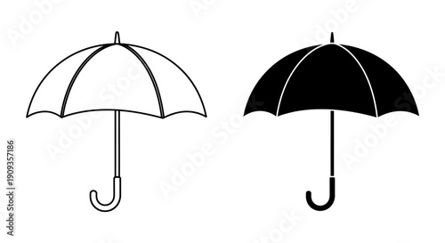 Two umbrellas are depicted in a simple graphic illustration style.