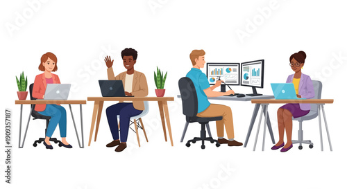 People collaborate on computers at office desks with coworkers