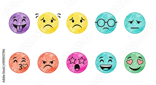 A digital illustration of various colorful emoticon faces expressing different emotions on a white background.