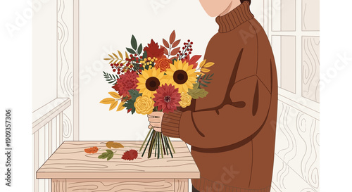 Person in sweater arranging colorful autumn bouquet with sunflowers and leaves