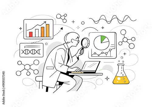 Scientific Research. Scientist analyzing data charts and molecules floating around, abstract graphs forming