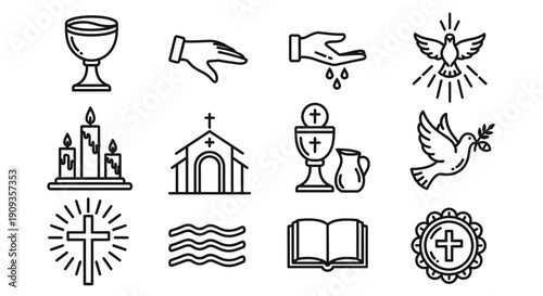 Religious symbols and icons depicting church, cross, holy water, and dove in a sacred setting with bible