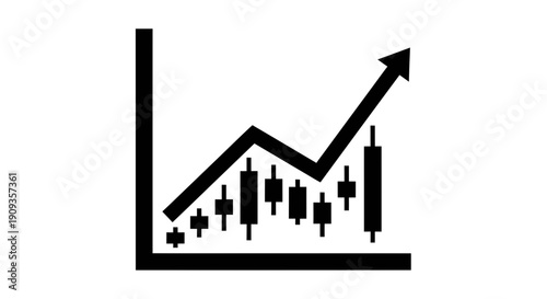 Stock market graph with rising arrow and candlestick chart on white background symbolizing growth and financial success