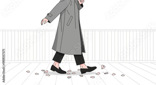 Person in Trench Coat Walking with Falling Petals on Wooden Deck