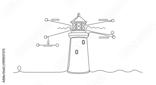 A minimalist illustration of a lighthouse standing tall amidst turbulent weather conditions on the rocky coastline