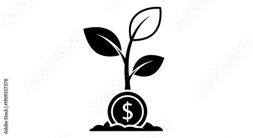 Plant growing from dollar coin on soil with leaves symbolizing financial growth and investment