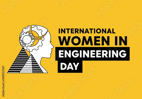 International women in engineering day graphic with gears and pyramid silhouette