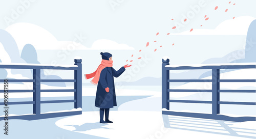 Person in winter coat and scarf feeding birds in snowy landscape with open gates