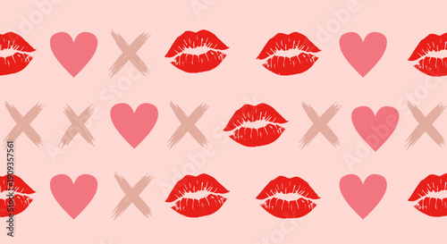 Romantic seamless pattern featuring vibrant red lips, sweet pink hearts, and 'x' marks on a soft background, perfect for expressing affection and celebrating love in a cheerful, modern design
