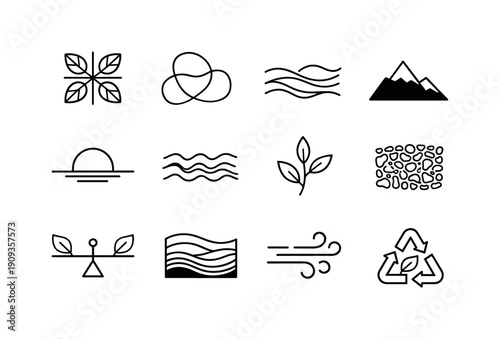 Graphic design trends nature inspired design example. Line outline icon set of Graphic design trends nature