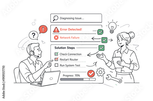 System Troubleshooting Illustration. System Troubleshooting. Interface with highlighted issues and solution