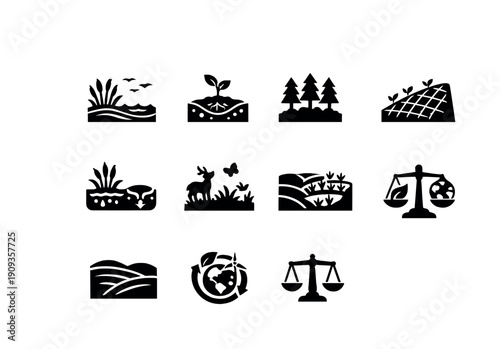 Environmental land restoration. Filled icon set of Environmental land restoration: wetland recovery, soil