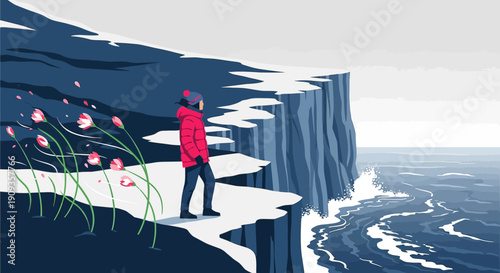 Person in winter coat looking at ocean waves from icy cliff, spring flowers blowing