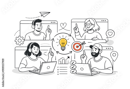Virtual Team Dynamics. Remote team discussion and alignment. People connected through laptops and video