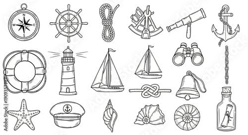 Hand-drawn Vintage Nautical Elements Set Explore the Marine World with Classic Sailing and Sea Adventure Symbols, perfect for Ocean-themed Designs