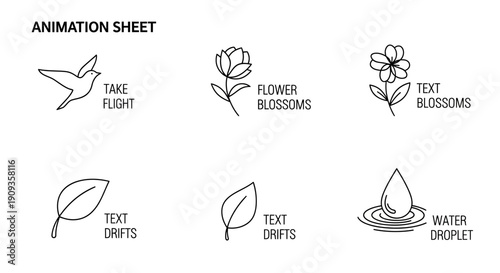 Animated Icons: Bird Take Flight, Flower Blossoms, Text Drifts, Water Droplet
