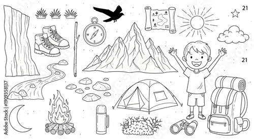 Camping and Hiking Adventure Elements Mountains, Tent, Backpack, Boots, and Campfire Illustrations