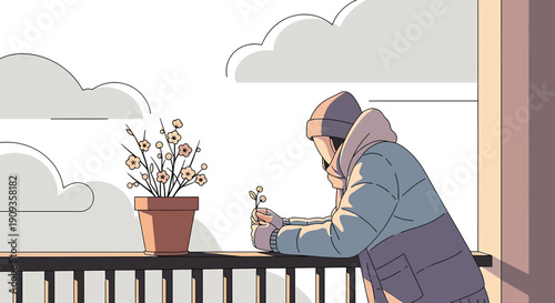 Person in Winter Coat Tending to Potted Plant on Balcony, Minimalist Illustration