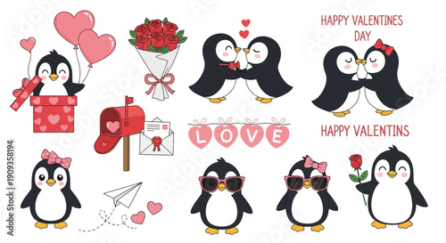 Adorable cartoon vector collection featuring charming penguins celebrating Valentine's Day, complete with romantic gestures, hearts, flowers, and sweet loving moments