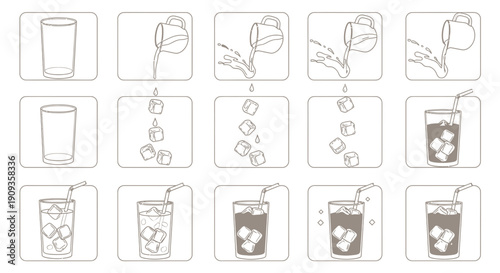 Step-by-step guide to making a refreshing iced drink in a glass with ice cubes and straw