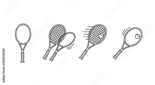 Tennis Rackets and Ball Icon Set: Action, Swing, Serve, Single