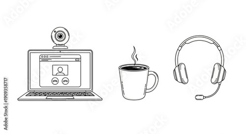 Remote Work Essentials: Laptop with Video Call, Hot Coffee, and Headset