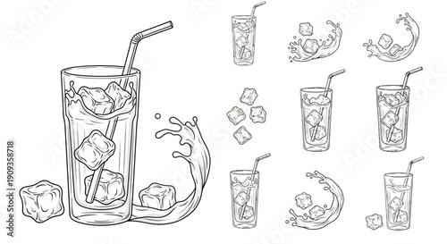 Refreshing Iced Drink Collection: Hand-Drawn Glasses with Ice Cubes and Splashes