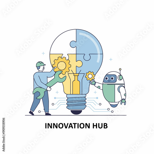 Innovation hub concept with robot and human working together on puzzle pieces in a lightbulb