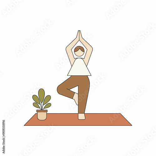 Woman in yoga pose with plant on orange mat in minimalist style illustration