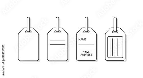 Set of four blank luggage tags with different designs, isolated on white background