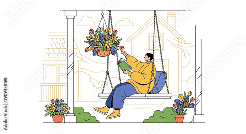 Person Reading on Porch Swing Surrounded by Spring Flowers