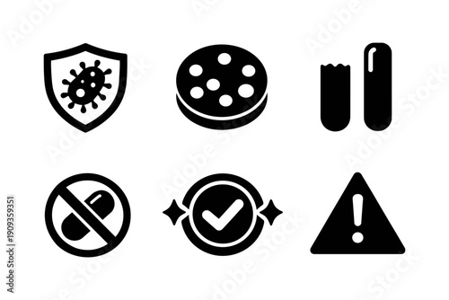 Microbiology safety and lab testing icons for research and healthcare, vector illustration