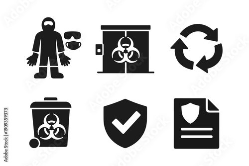 Biohazard safety and protection icons for medical waste management, vector illustration