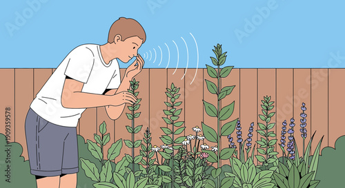 Person smelling herbs in a garden, enjoying nature's scent