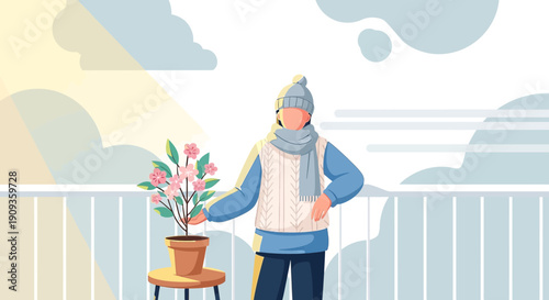 Person Tending Potted Plant on Balcony with Spring Sunlight and Clouds