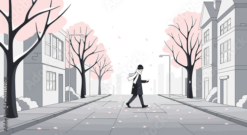 Person Walking Down Snowy Street Lined with Bare Trees and Buildings