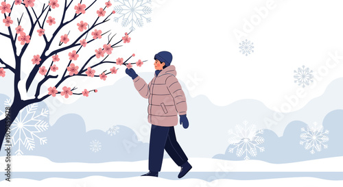 Person Walking in Snowy Landscape Admiring Blooming Tree Branches