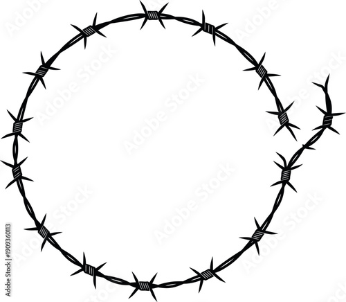 Stylized graphic illustration of sharp black barbed wire forming an abstract circular border or decorative element symbolizing security danger and confinement perfect for various design concepts