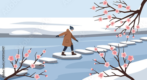Person walking on stepping stones across icy water with blooming cherry blossoms