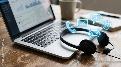 A silver laptop with a black headset and communication icons on a wooden desk in a home office
