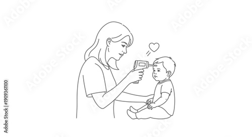 Mother checks baby's temperature with infrared thermometer, health care concept