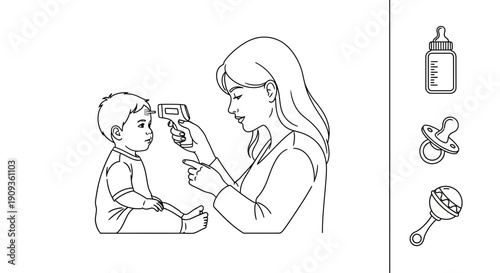 Mother checking child's temperature with infrared thermometer, baby care, health check