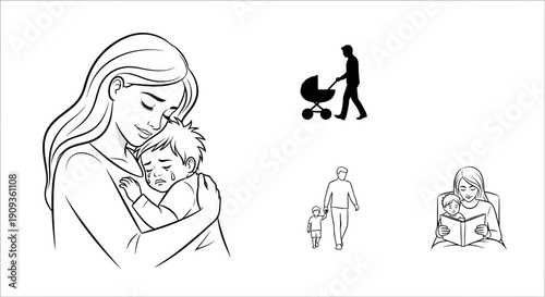 Mother comforting crying baby, family life illustrations: father with stroller, child, reading bedtime story