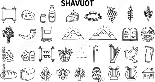 Shavuot Jewish Holiday Symbols Icon Set - Hand Drawn Black Line Art Collection with Traditional Religious and Cultural Elements
