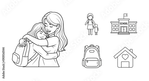 Mother Hugging Daughter With Backpacks, School Building, House Icons - Back to School Concept