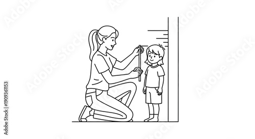 Mother measuring child's height against wall, growth chart, childhood development, family bonding