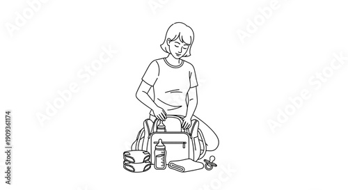 Mother Packing Diaper Bag with Baby Essentials for Outing